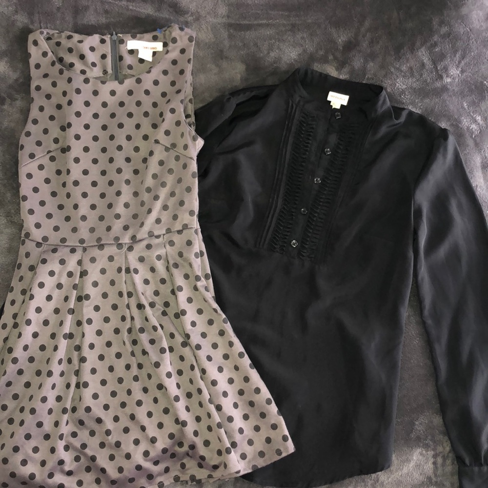 Polka Dot dress and black long sleeve dress shirt